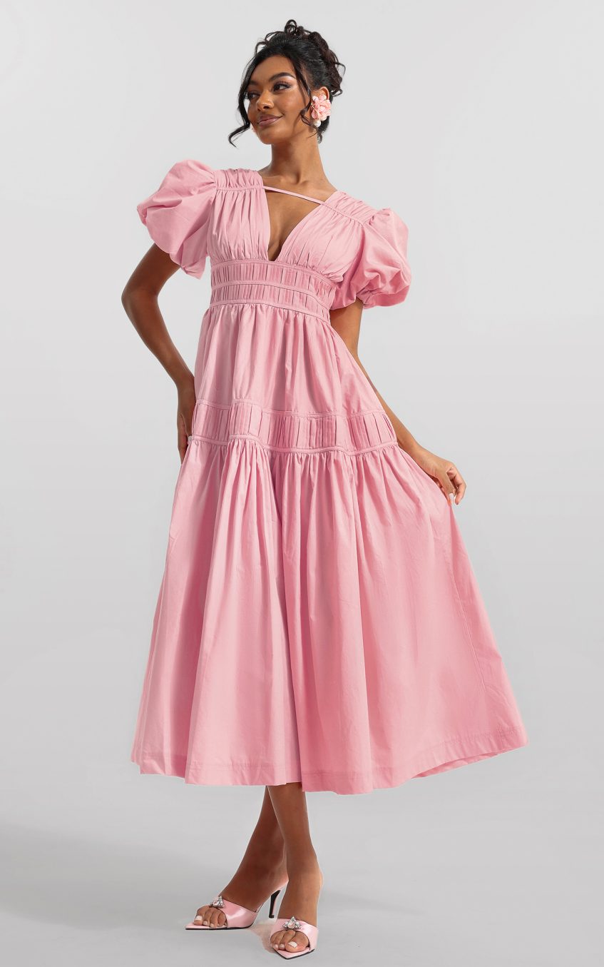 Solid V-Neck Puff Sleeve Midi Dress