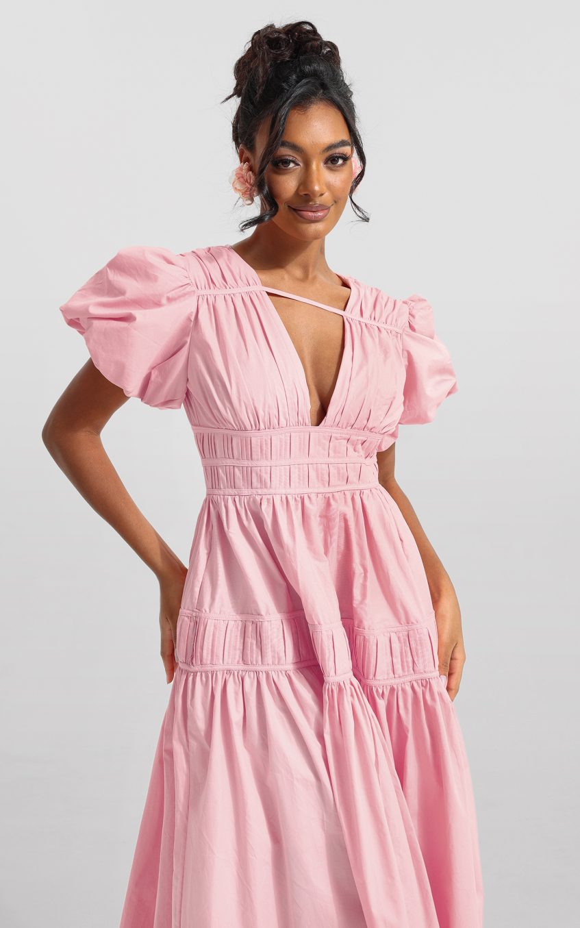 Solid V-Neck Puff Sleeve Midi Dress