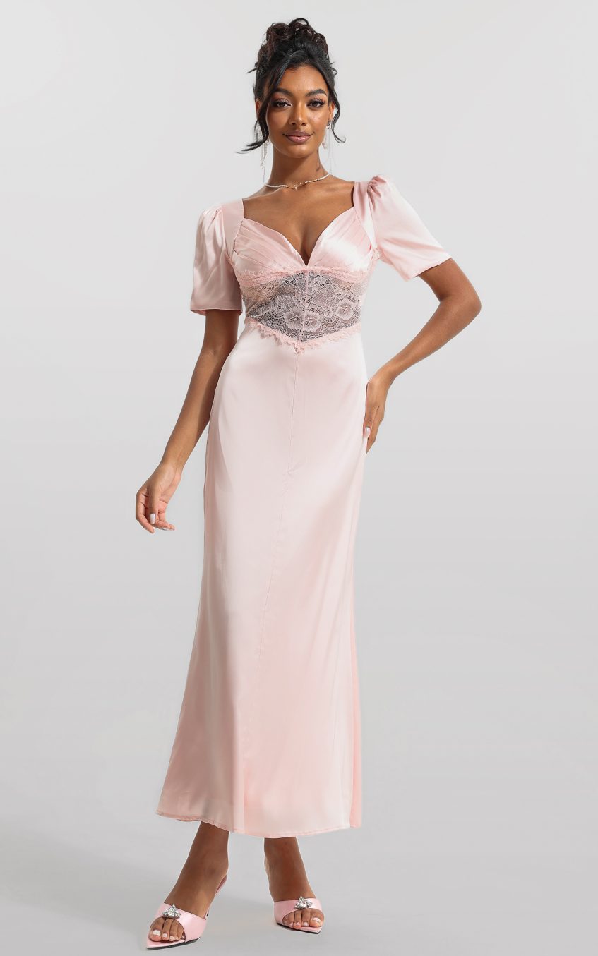 Satin Solid Lace V-Neck Midi Dress