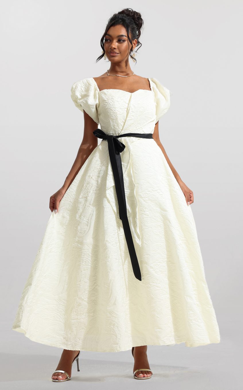 Jacquard Puff Sleeve Midi Dress