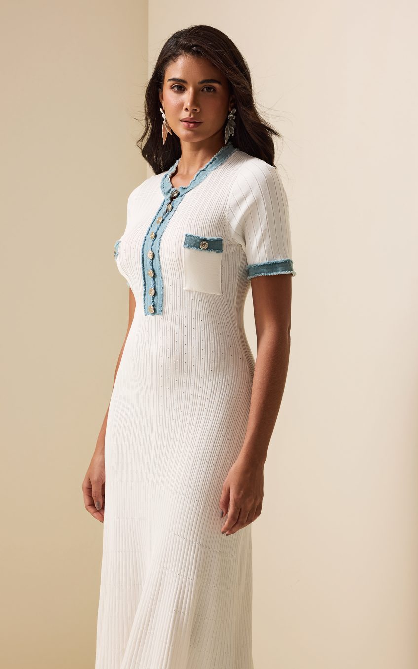 Knit Denim Contrast Color Midi Dress