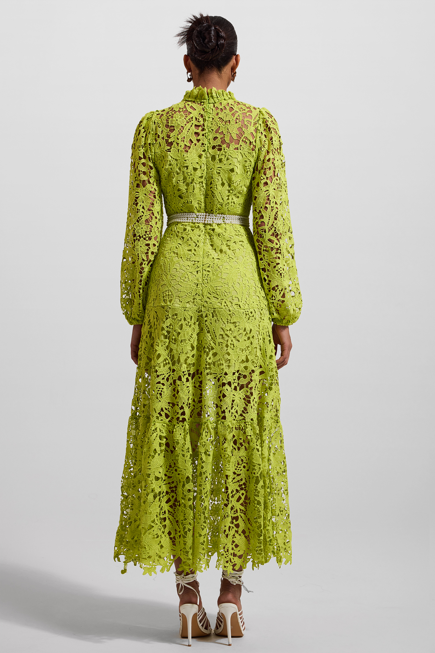 Lace Embroidered Long Sleeve Midi Dress Green