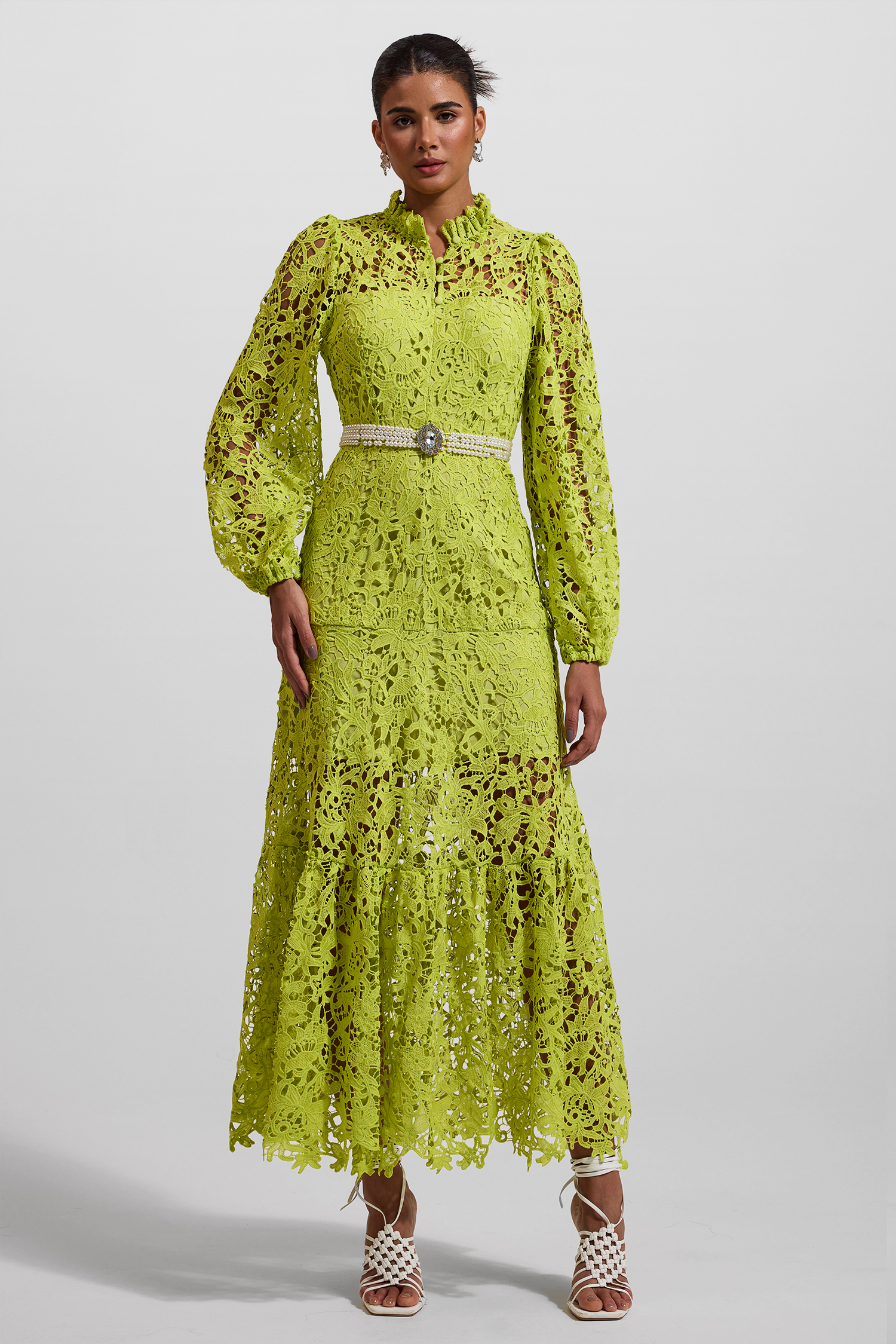 Lace Embroidered Long Sleeve Midi Dress Green