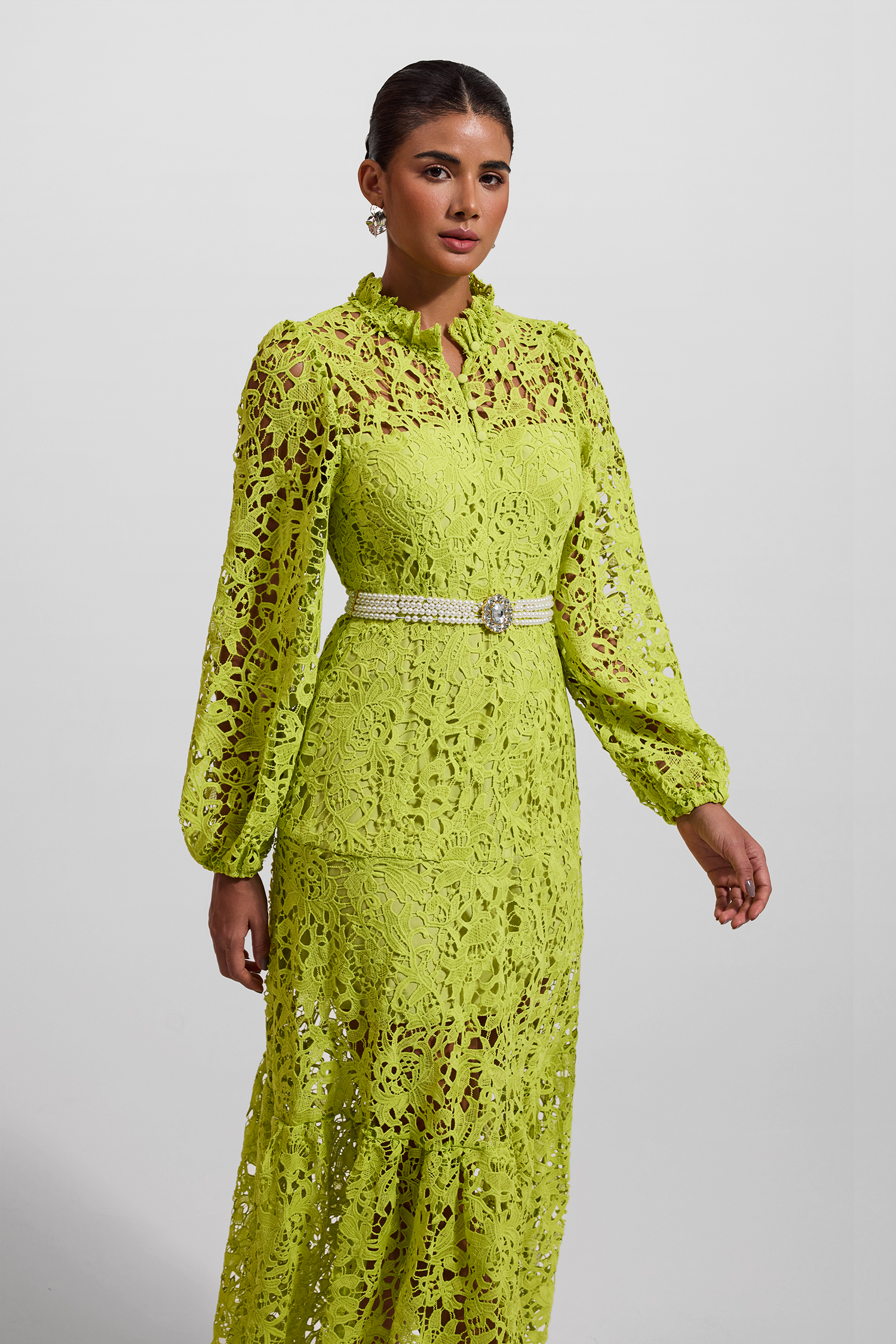 Lace Embroidered Long Sleeve Midi Dress Green