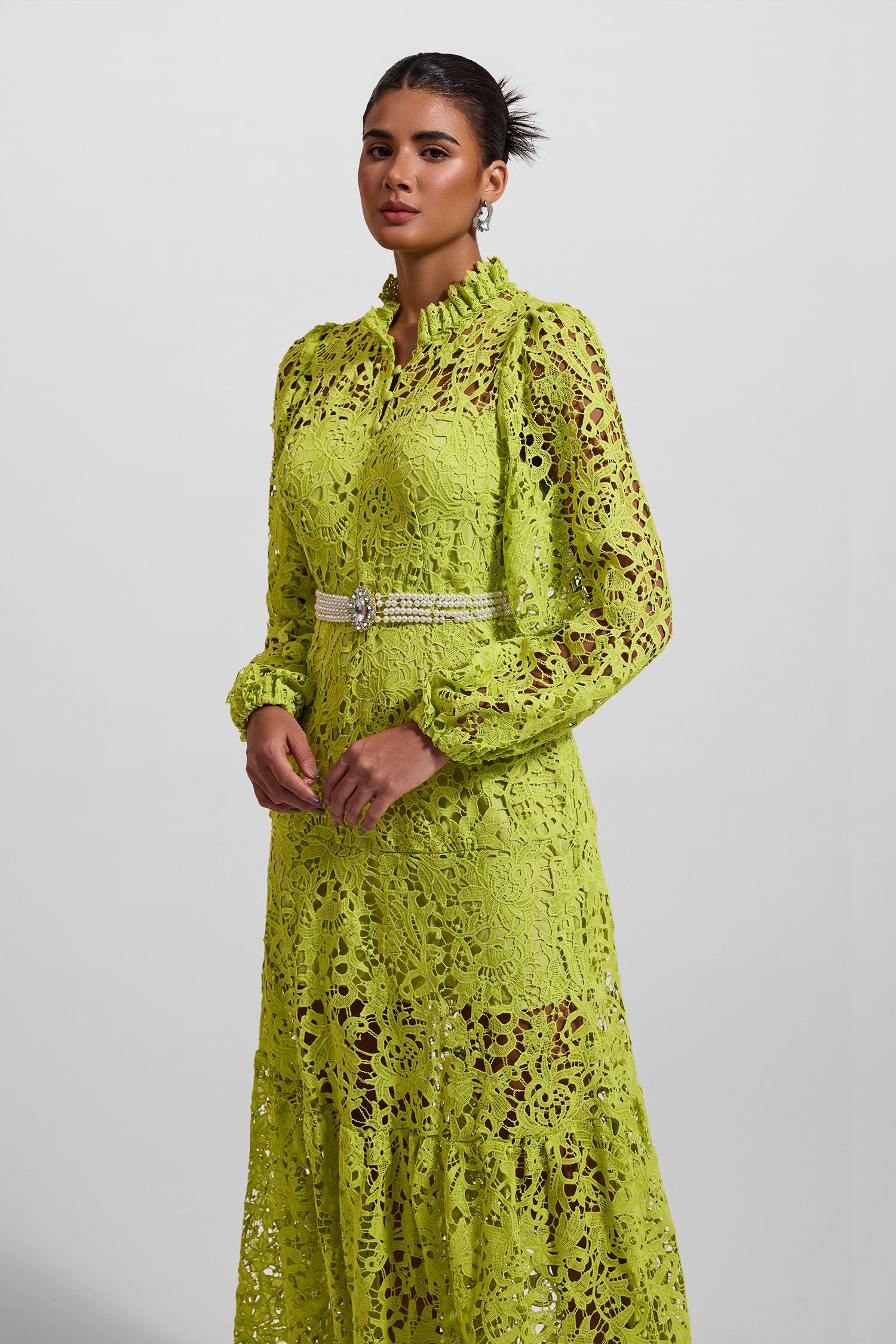 Lace Embroidered Long Sleeve Midi Dress Green
