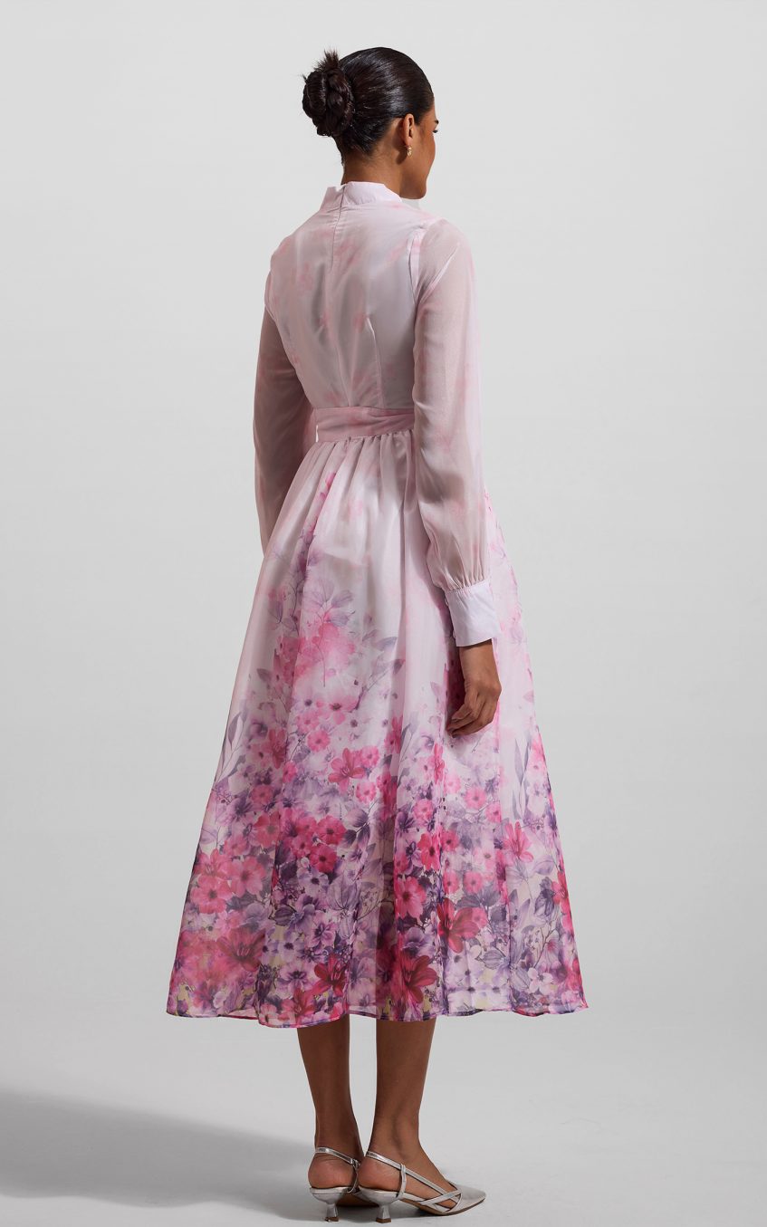 Floral Lantern Sleeve Midi Dress With Belt