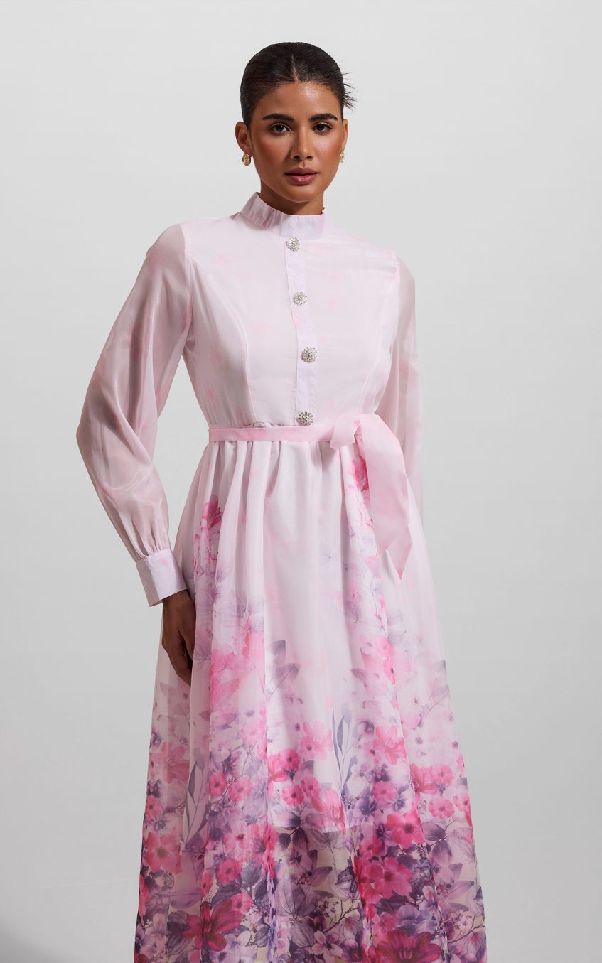 Floral Lantern Sleeve Midi Dress With Belt