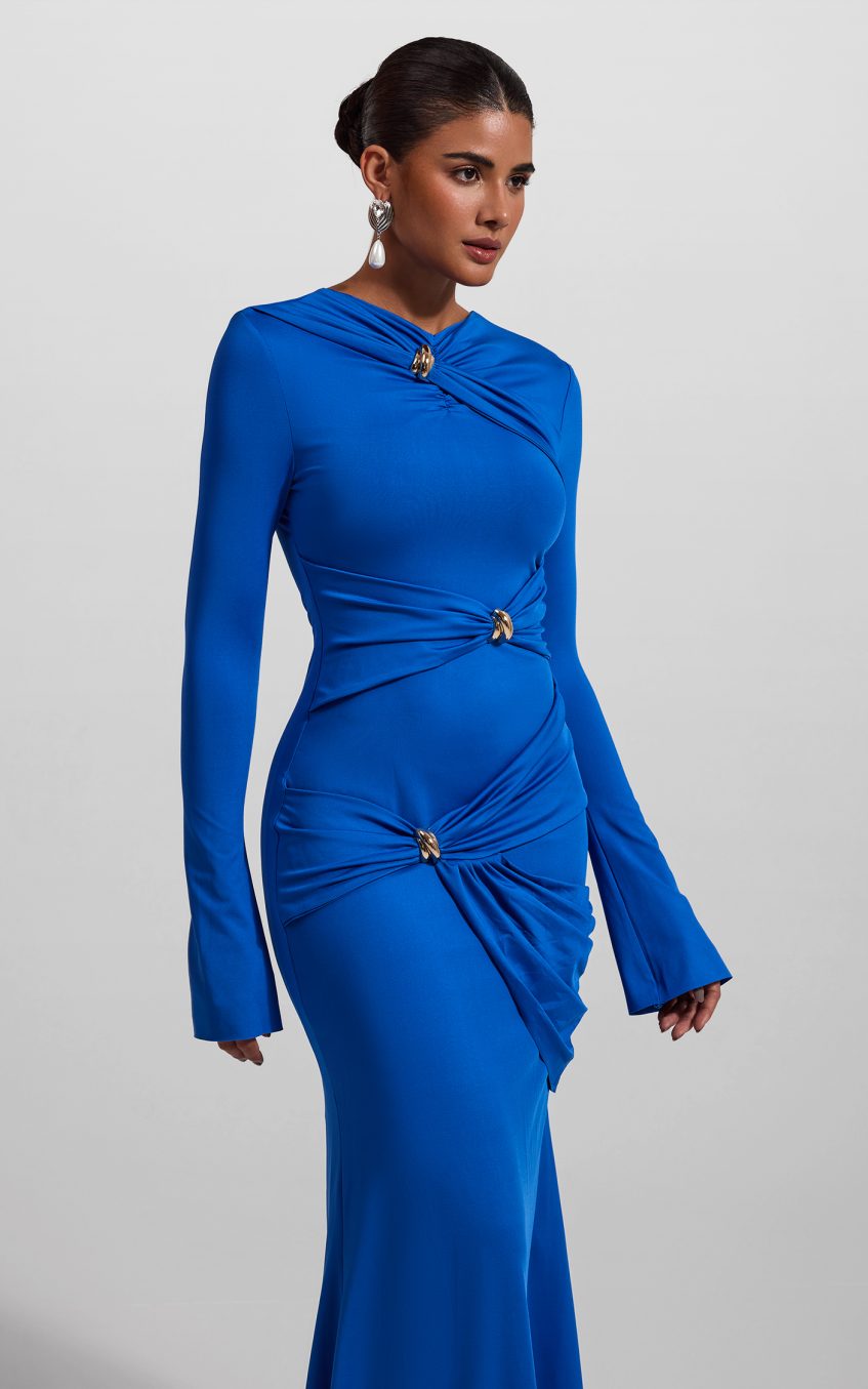 Knit Ruched Long Sleeve Maxi Dress Blue