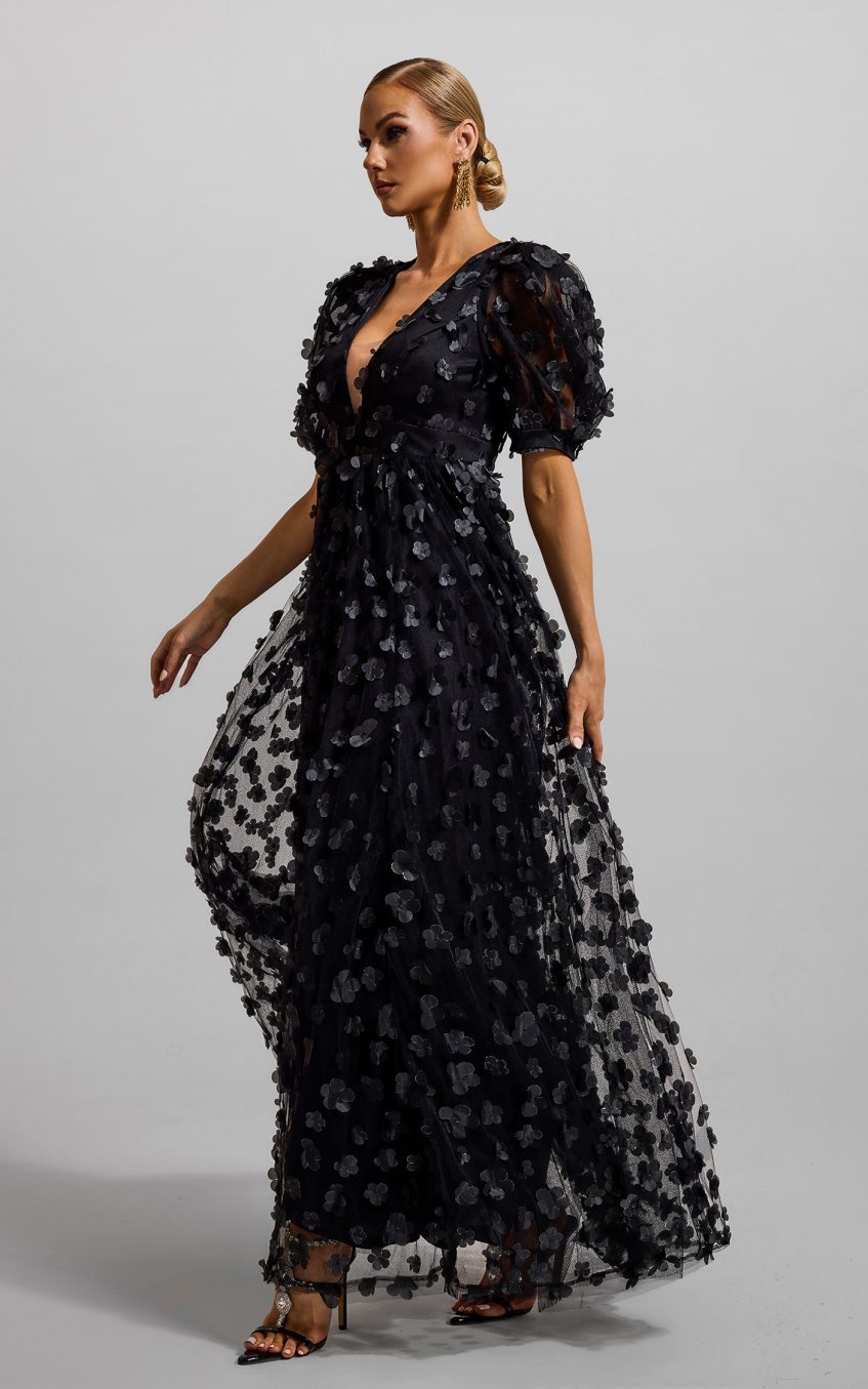 3D Floral Solid Puff Sleeve Maxi Dress