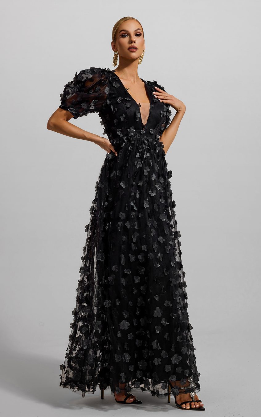 3D Floral Solid Puff Sleeve Maxi Dress