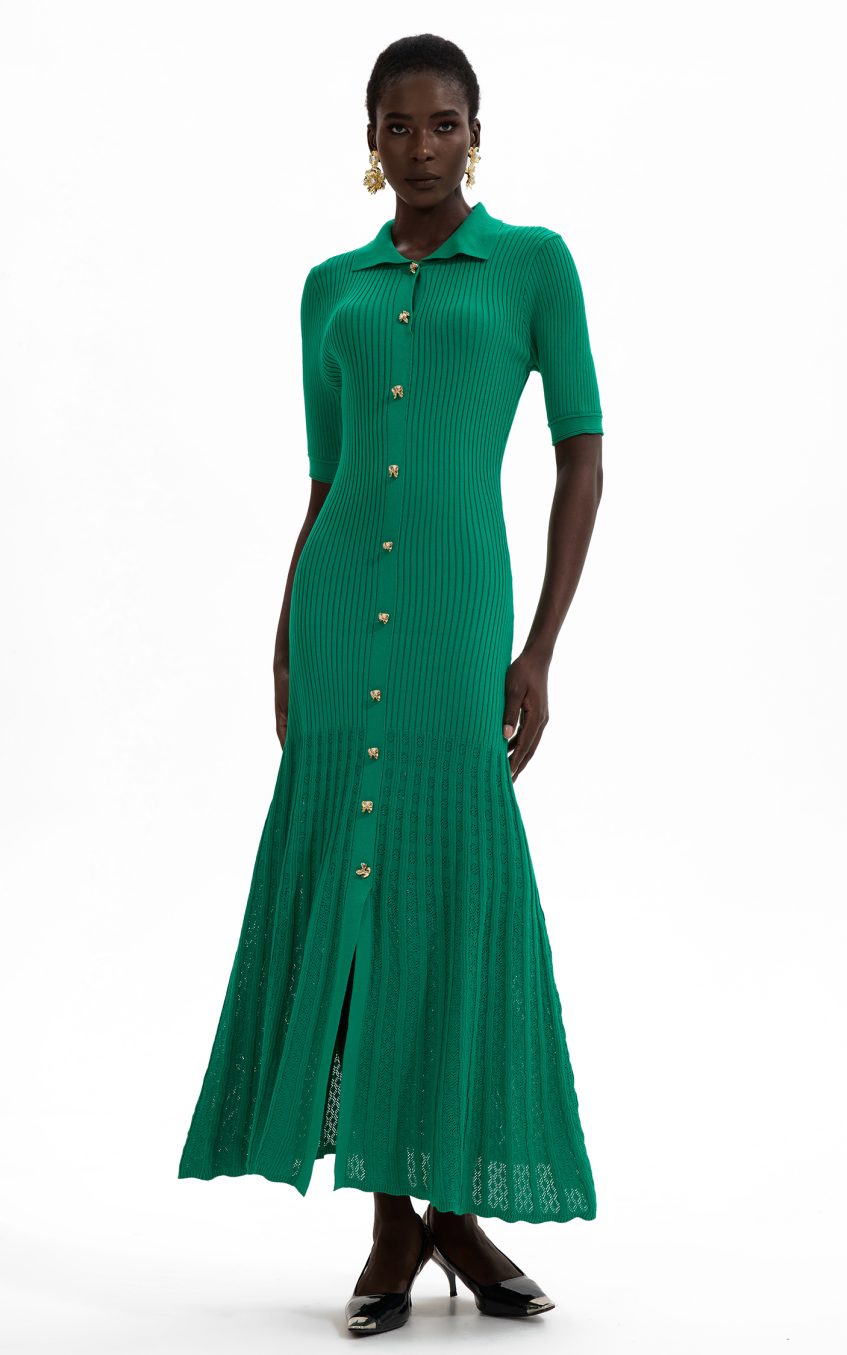 Jersey Flapped Metal Button Midi Dress