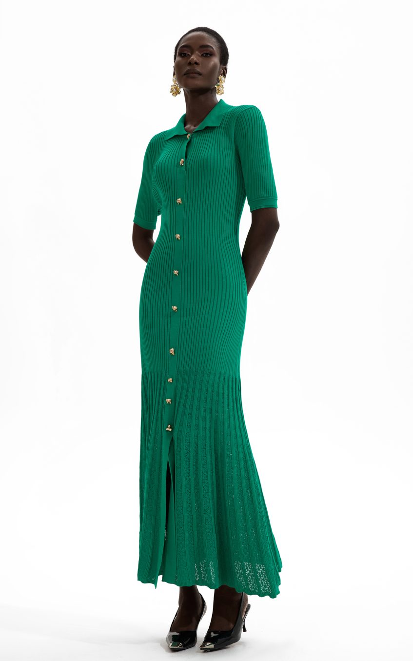 Jersey Flapped Metal Button Midi Dress