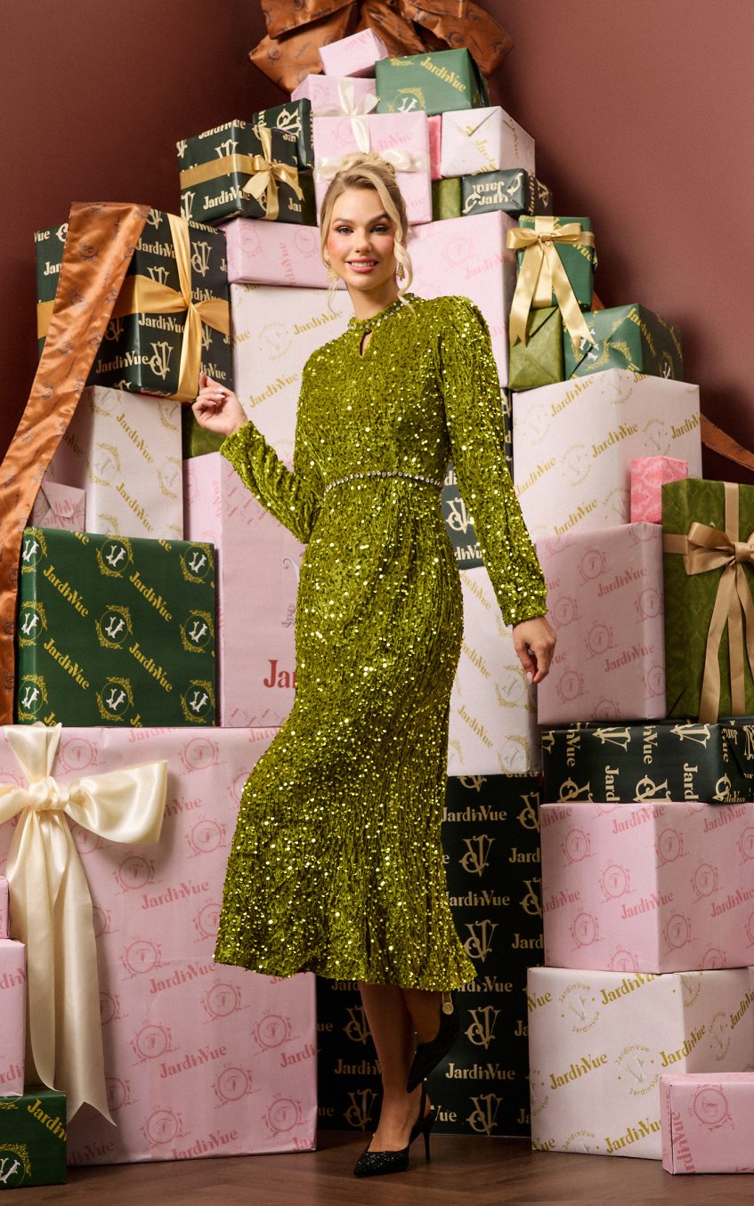 Sequin Velvet Long Sleeve Midi Dress