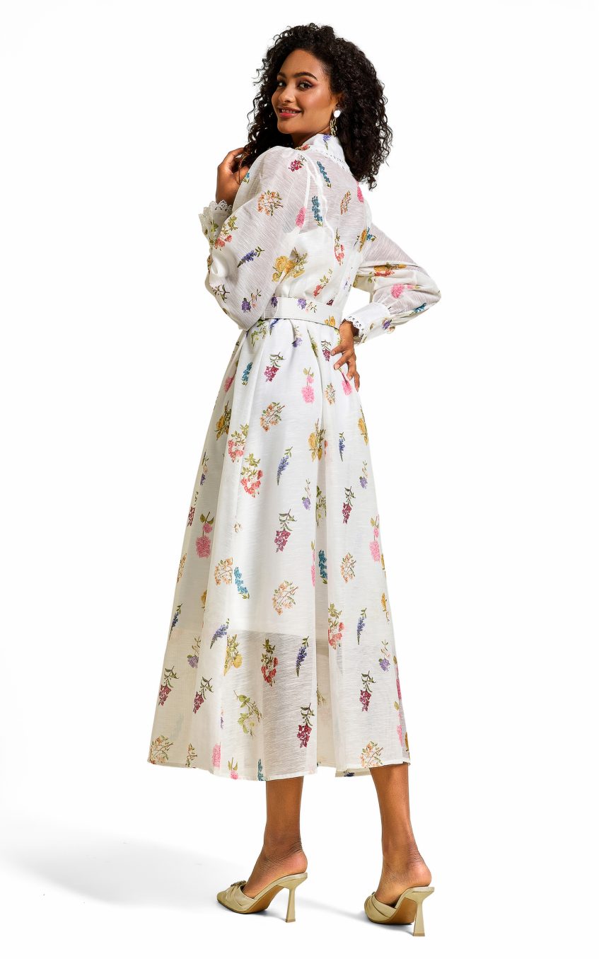 Floral Lace Lantern Sleeve Midi Dress