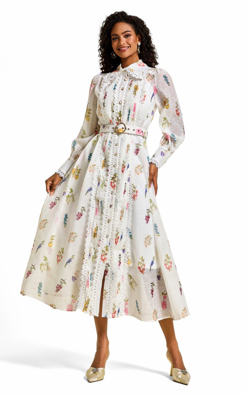 Floral Lace Lantern Sleeve Midi Dress