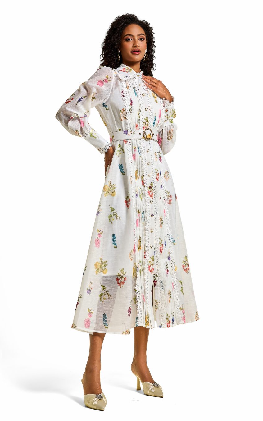 Floral Lace Lantern Sleeve Midi Dress