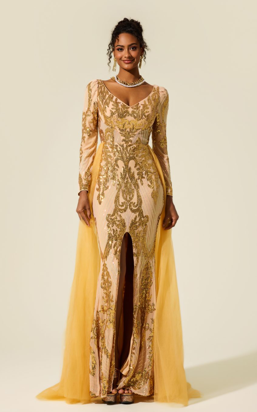 Sequin V-Neck Long Sleeve Cape Maxi Dress