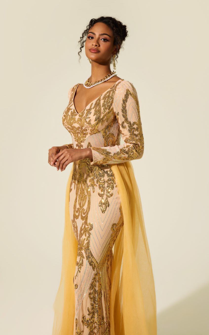 Sequin V-Neck Long Sleeve Cape Maxi Dress
