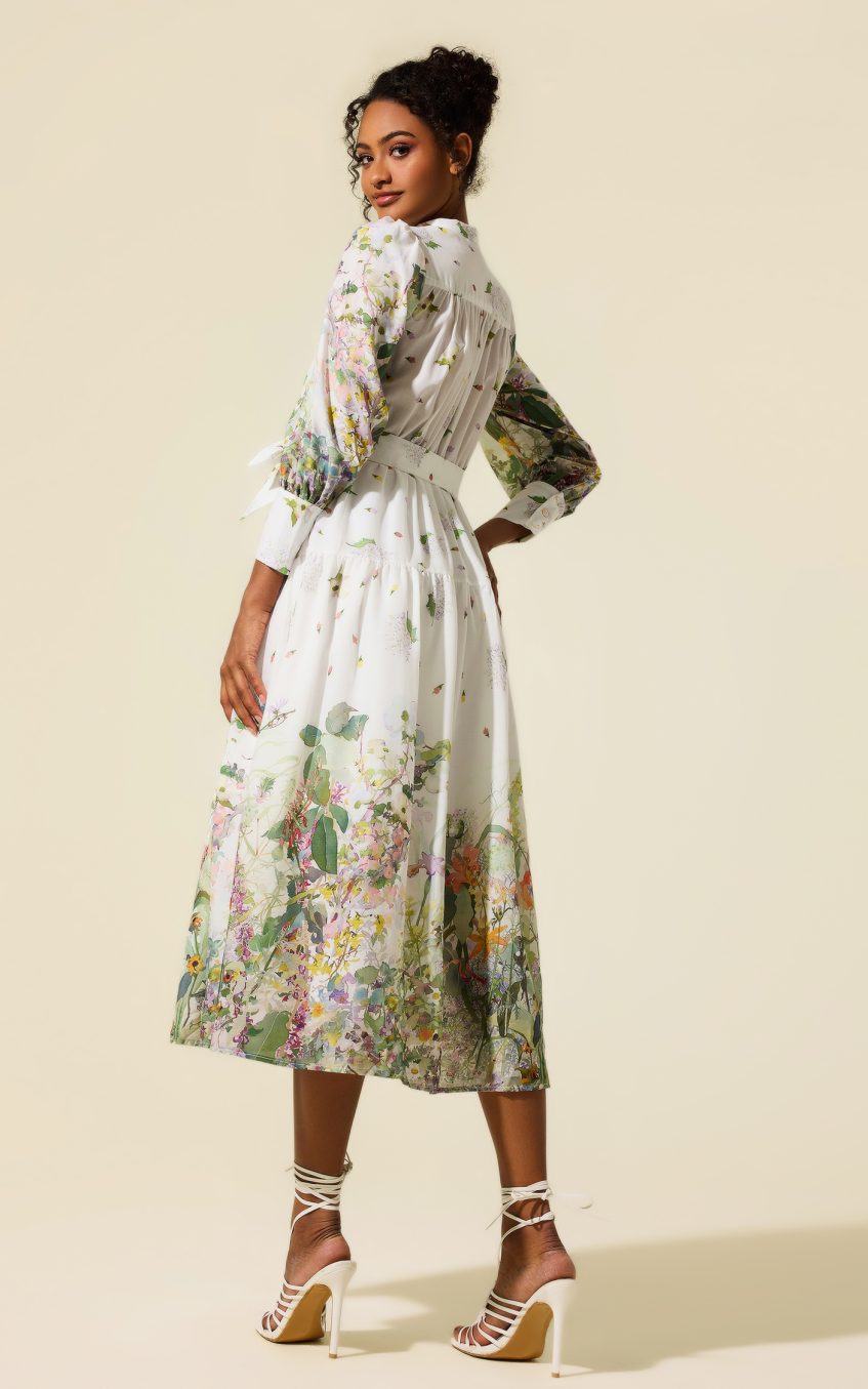 Long Sleeve Floral Stand Collar Midi Dress