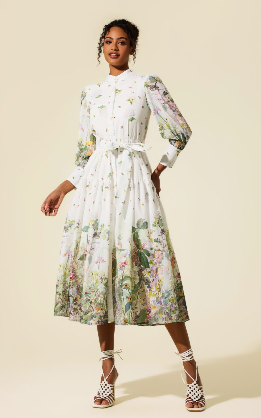 Long Sleeve Floral Stand Collar Midi Dress