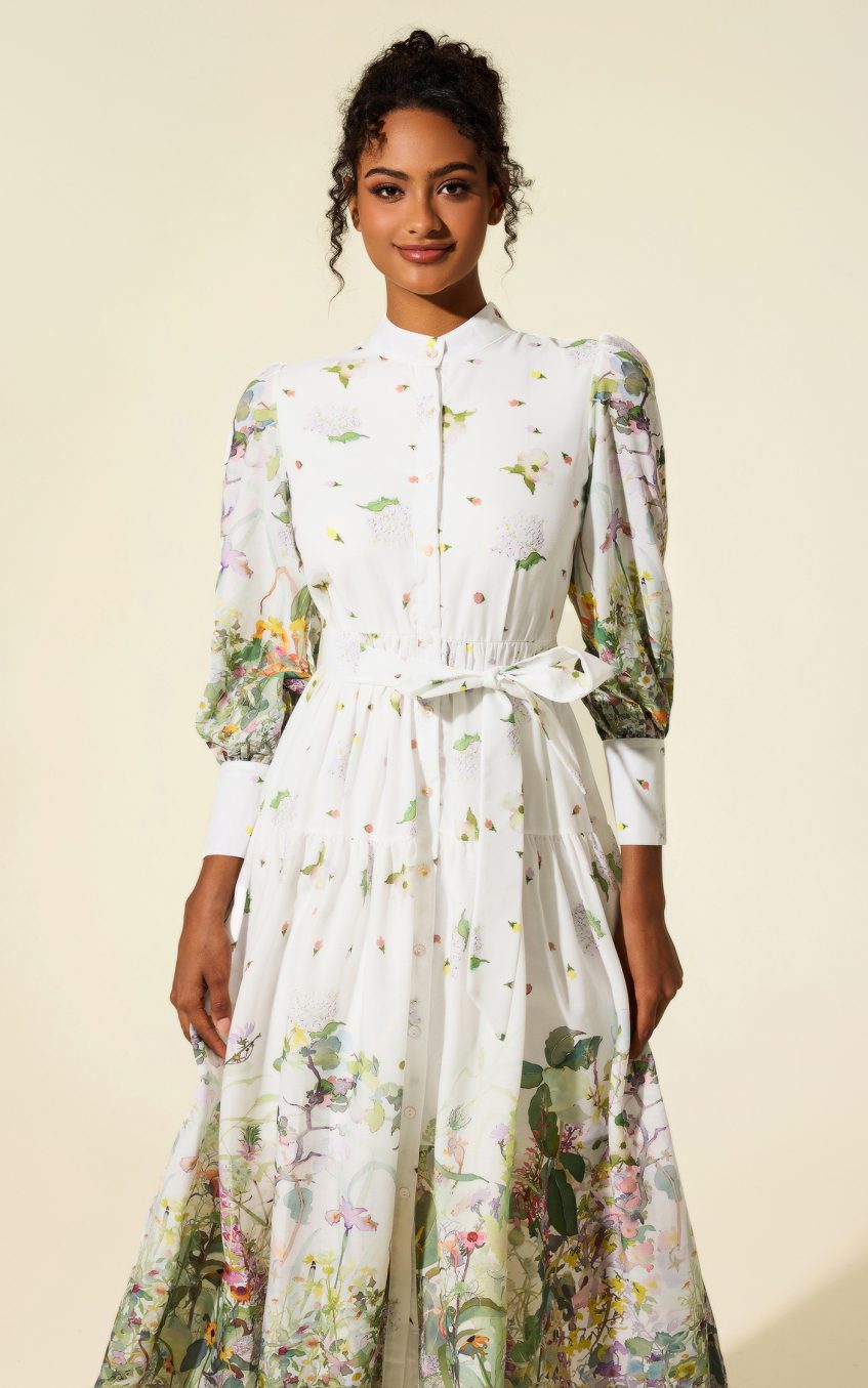 Long Sleeve Floral Stand Collar Midi Dress