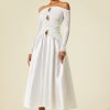 Satin Jersey Long Sleeve Off-Shoulder Midi Dress