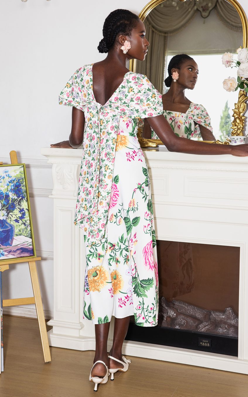 Floral Bow Draped Short Sleeve Midi Dress