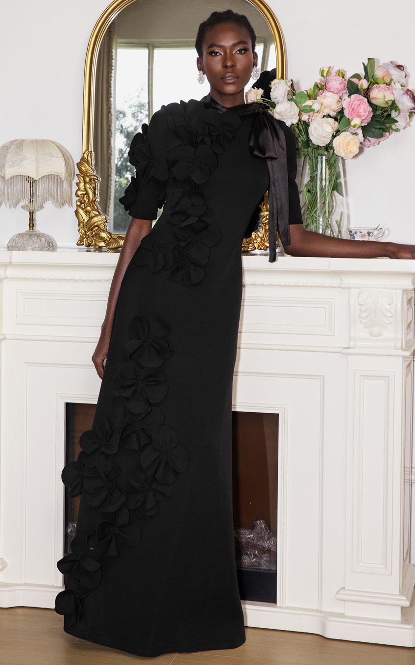 3D Flower Lace Up Mid Sleeve Maxi Dress