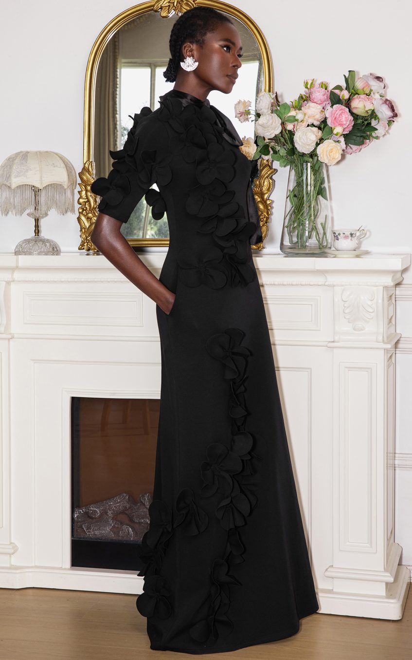 3D Flower Lace Up Mid Sleeve Maxi Dress