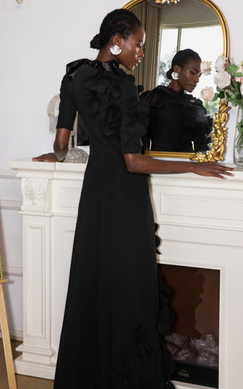 3D Flower Lace Up Mid Sleeve Maxi Dress