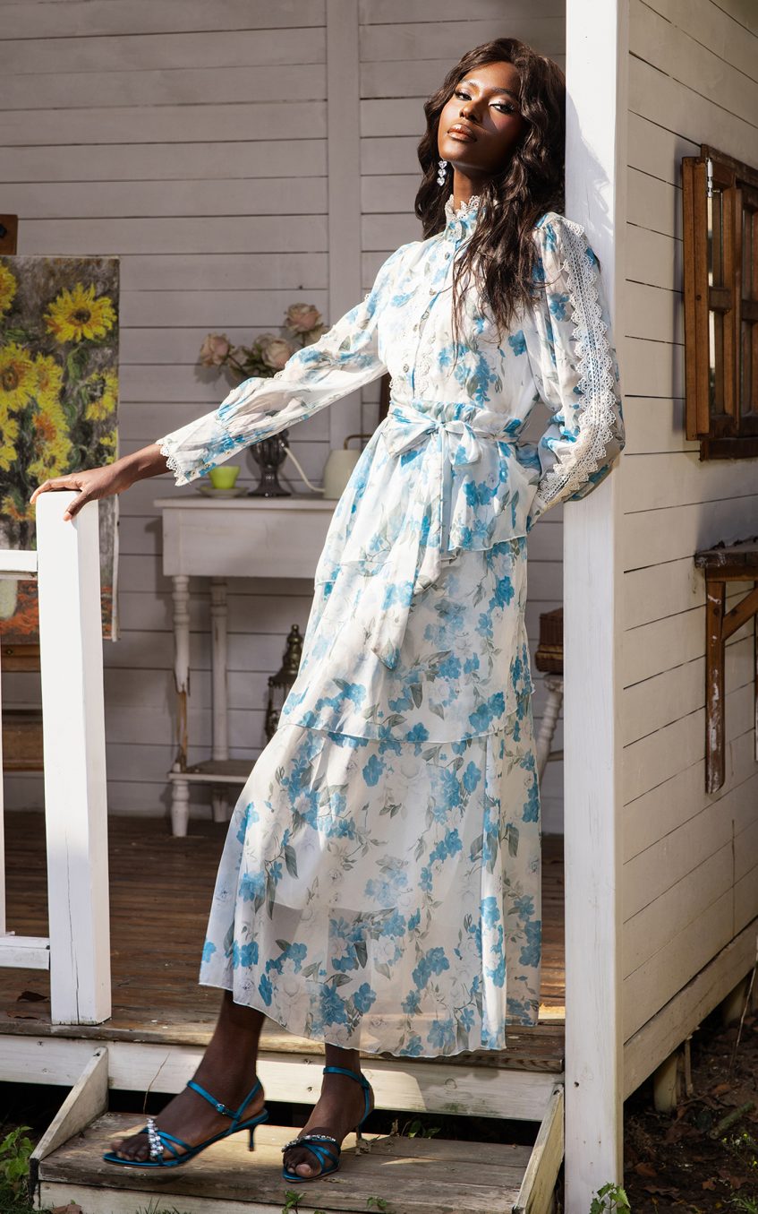 Floral Lantern Sleeve Lace Midi Dress