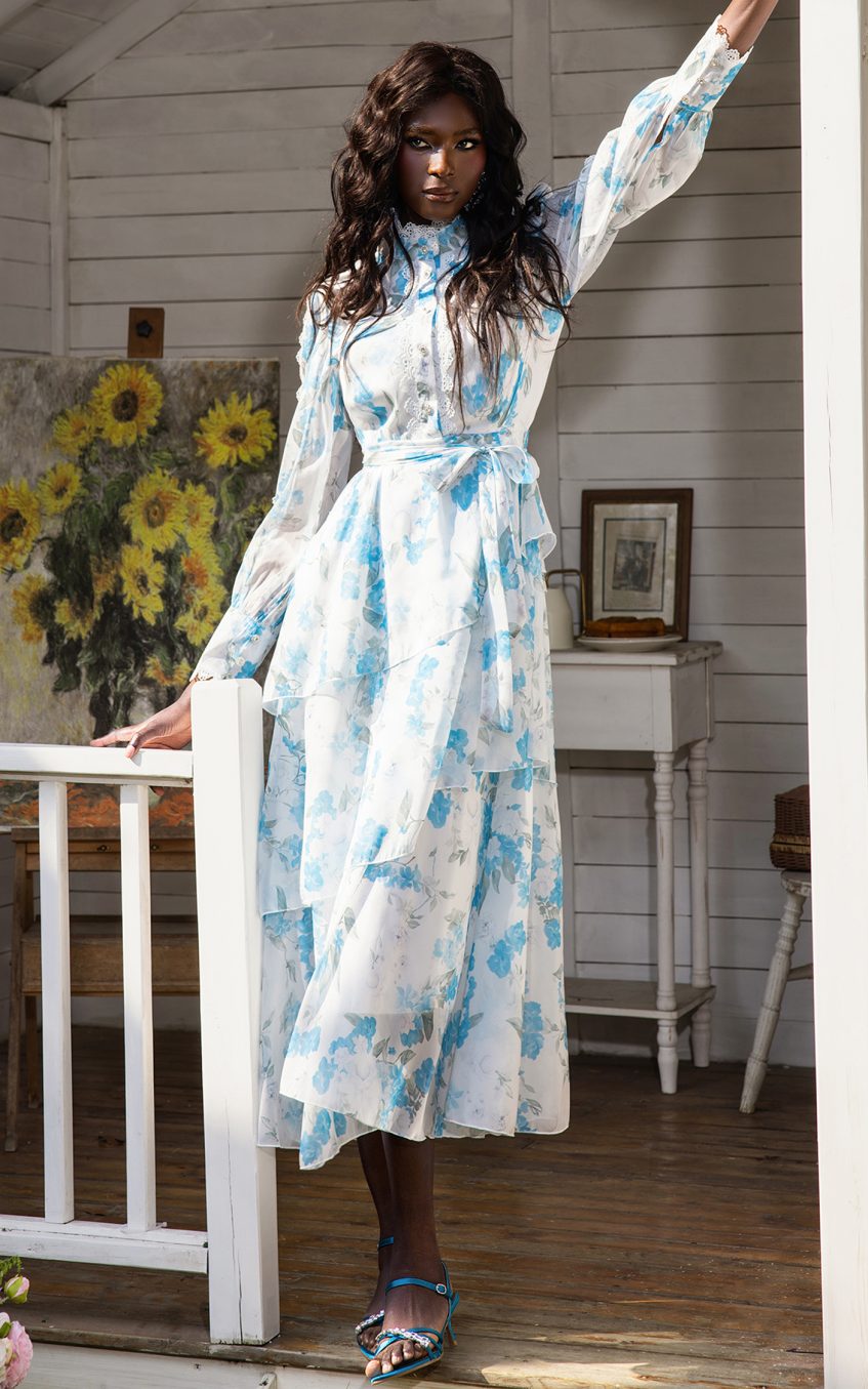 Floral Lantern Sleeve Lace Midi Dress