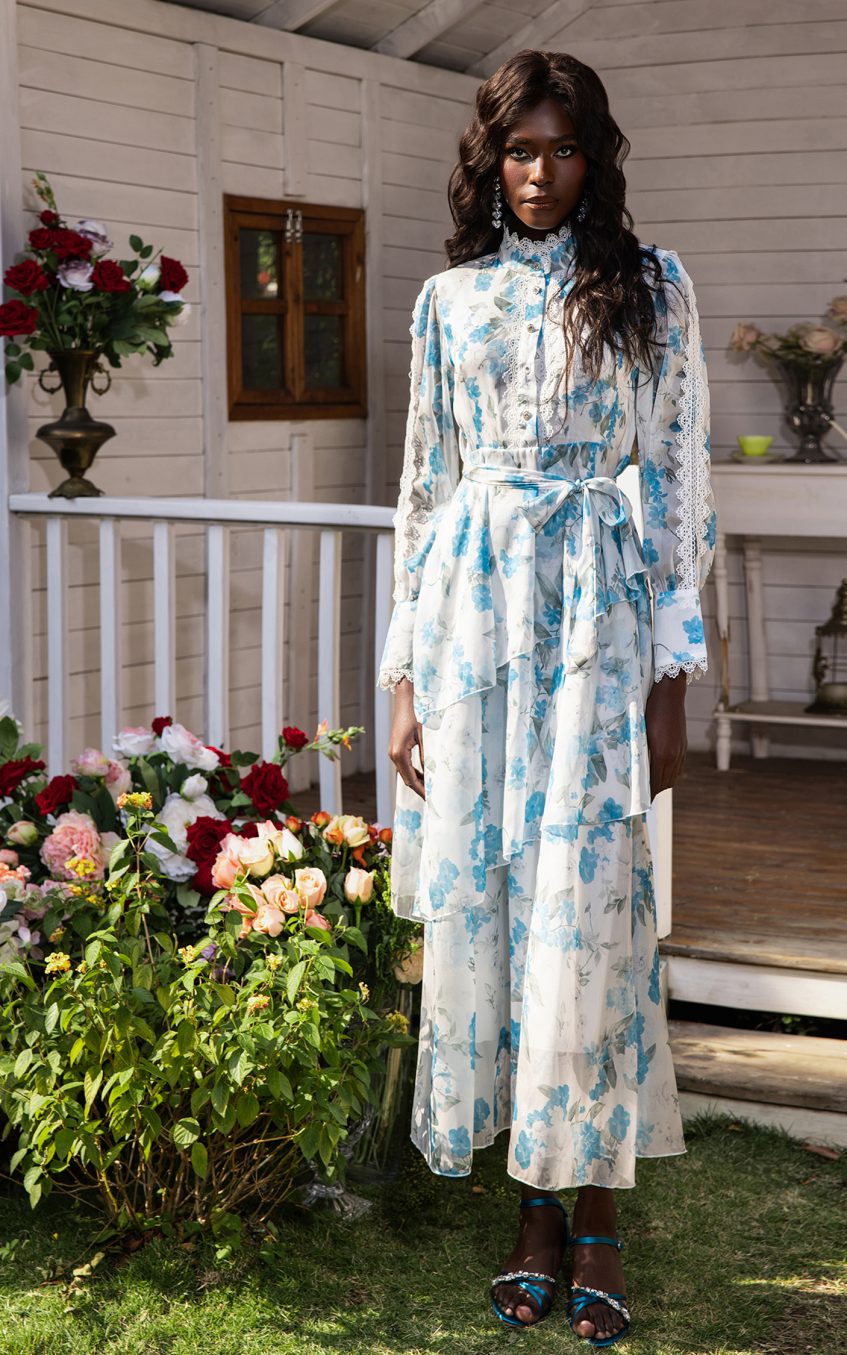 Floral Lantern Sleeve Lace Midi Dress