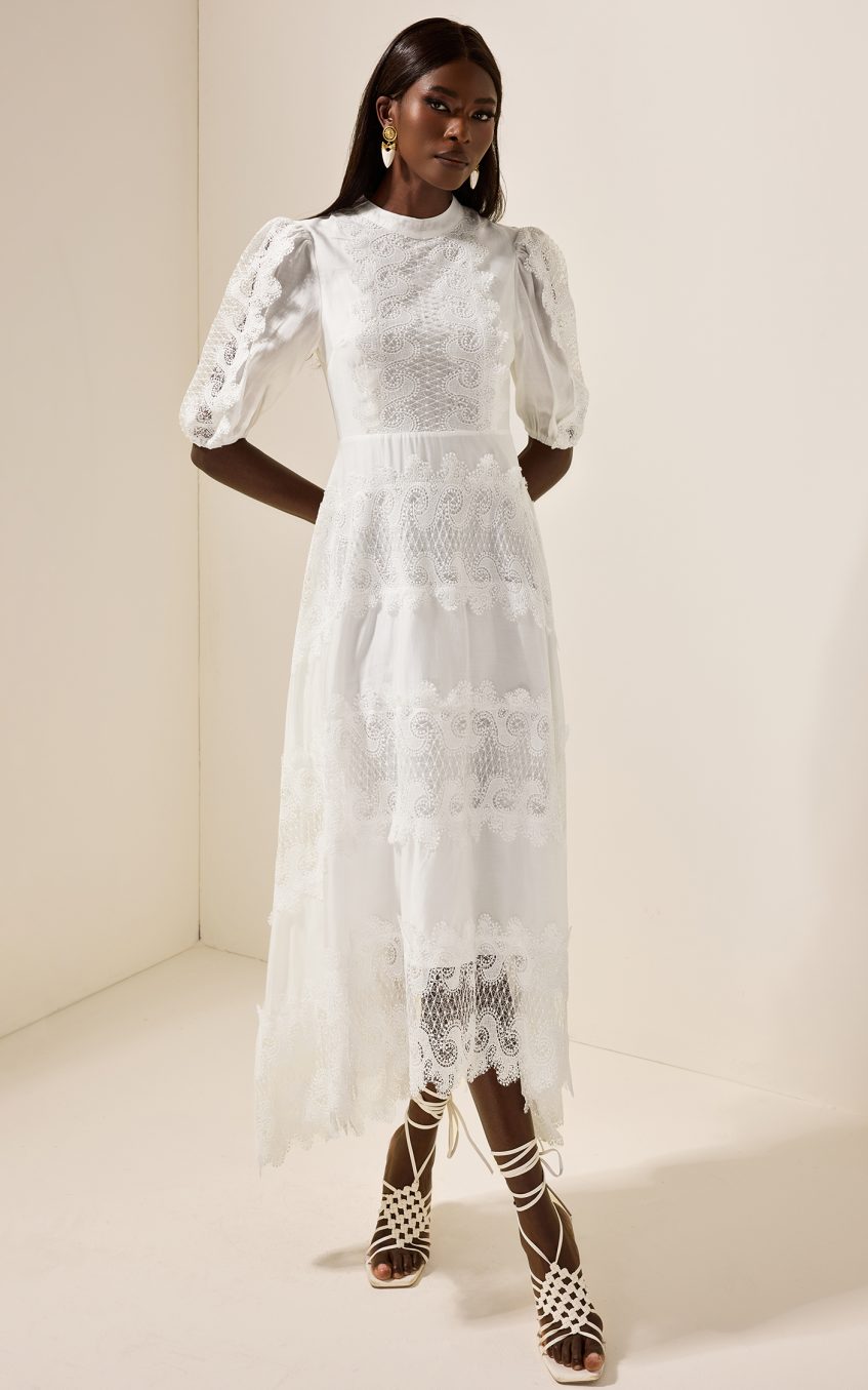 Round Neck Lace Puff Sleeve Midi Dress