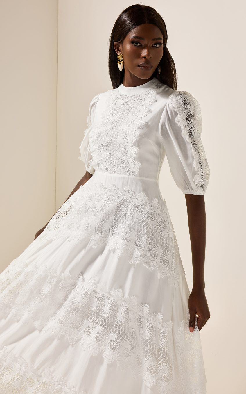 Round Neck Lace Puff Sleeve Midi Dress