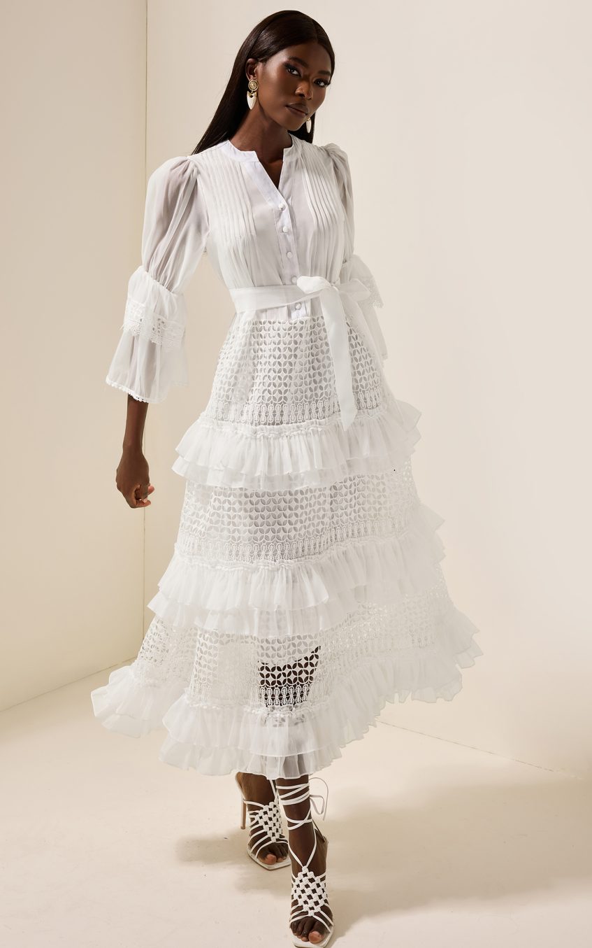 Bell Sleeve Frill Lace Midi Dress