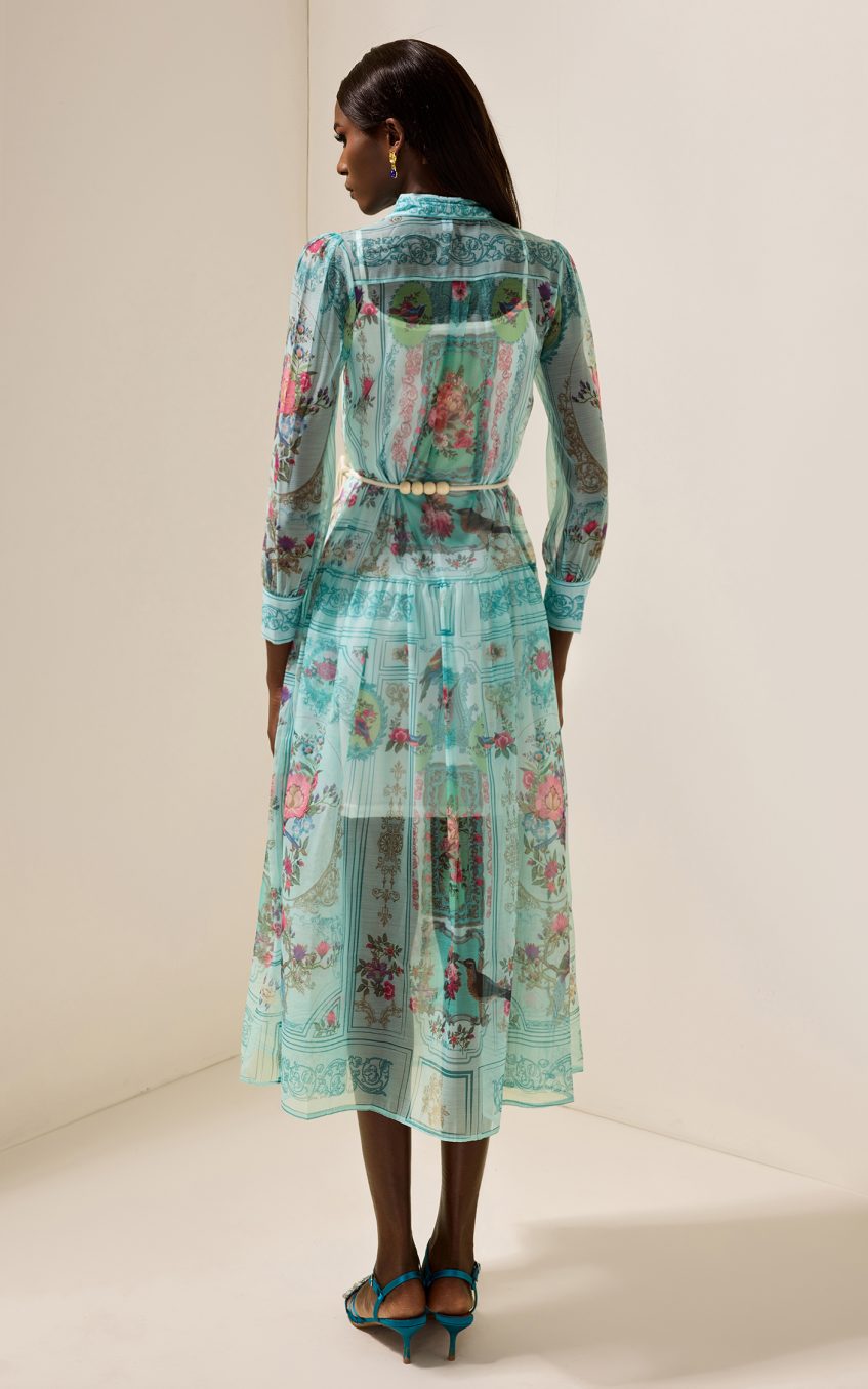 Shirt Collar Floral Lantern Sleeve Midi Dress