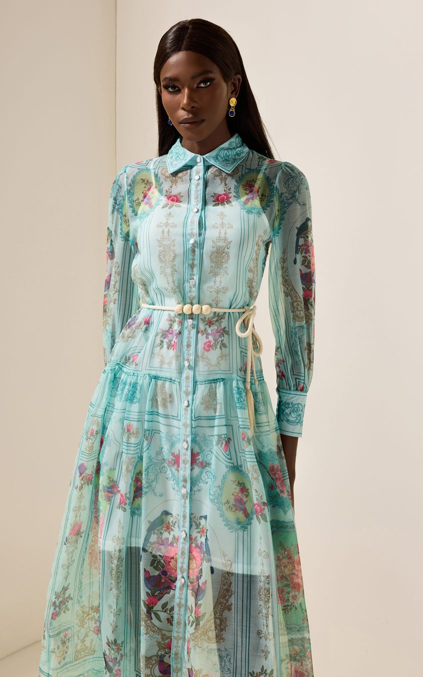 Shirt Collar Floral Lantern Sleeve Midi Dress