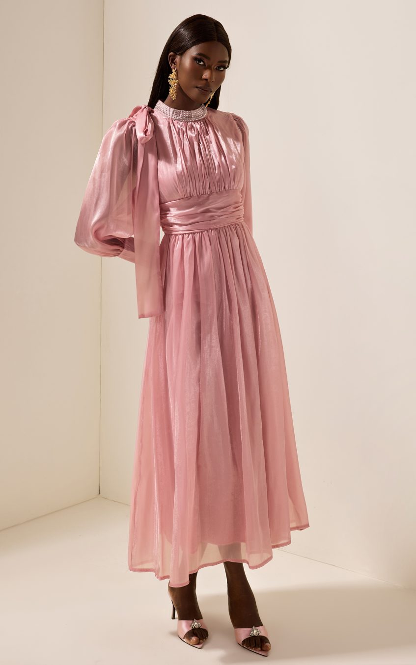 Rhinestone Solid Ruched Midi Dress