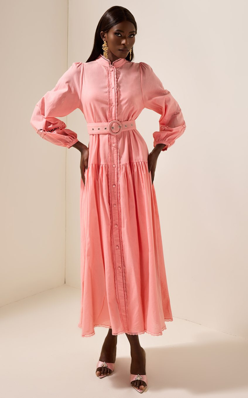 Solid Lantern Sleeve With Belt Midi Dress