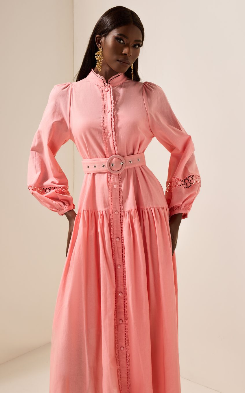 Solid Lantern Sleeve With Belt Midi Dress
