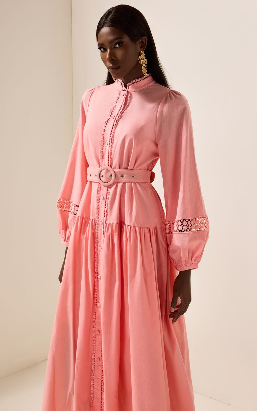 Solid Lantern Sleeve With Belt Midi Dress