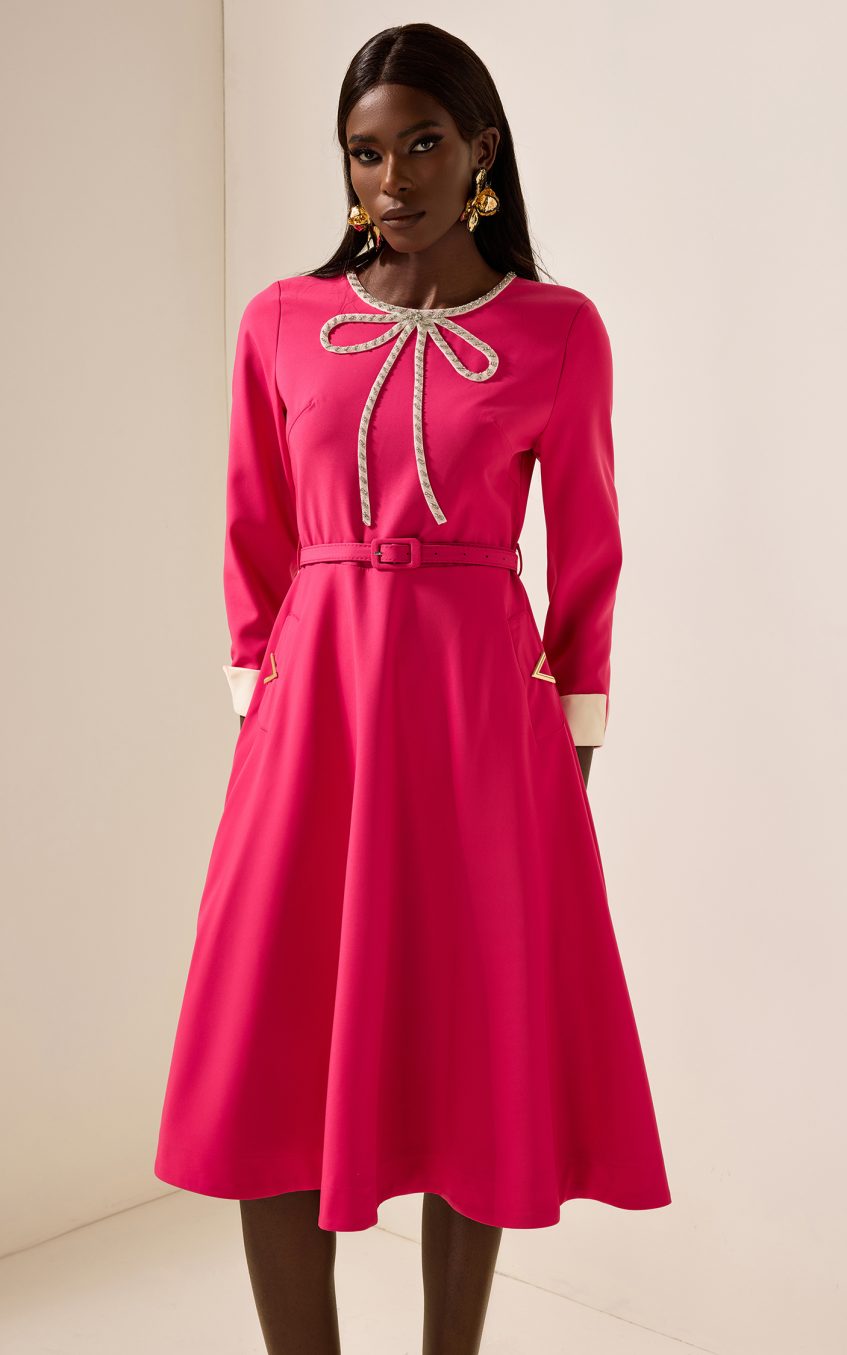 Solid Rhinestone Midi Dress With Belt