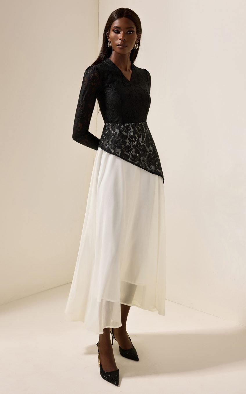 Lace Splicing Chiffon V-Neck Midi Dress