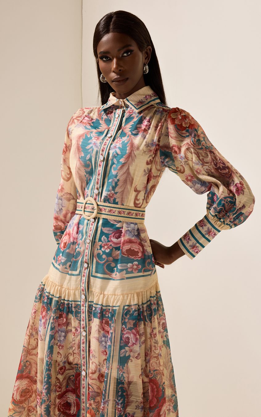 Shirt Collar Floral Lantern Sleeve Midi Dress