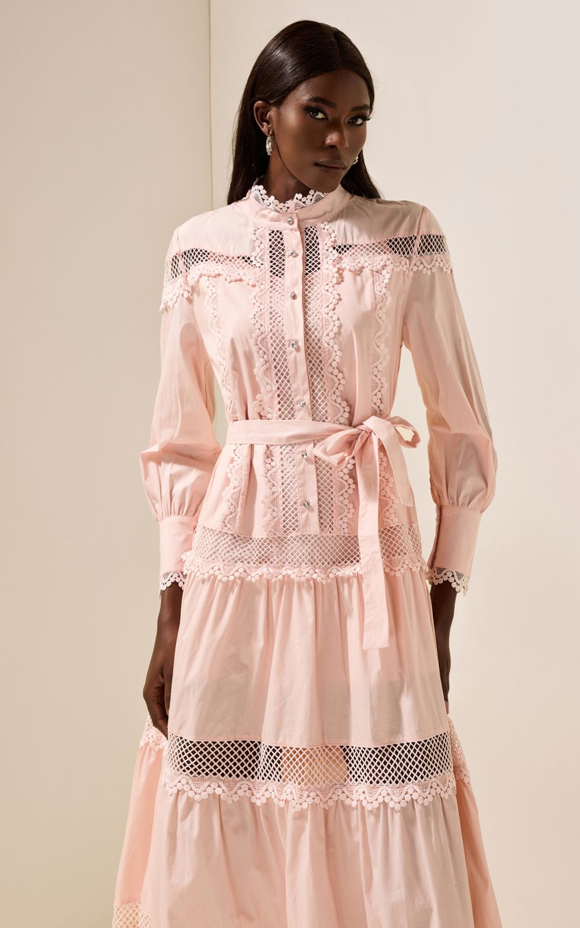 Solid Lace Bottom Midi Dress With Belt