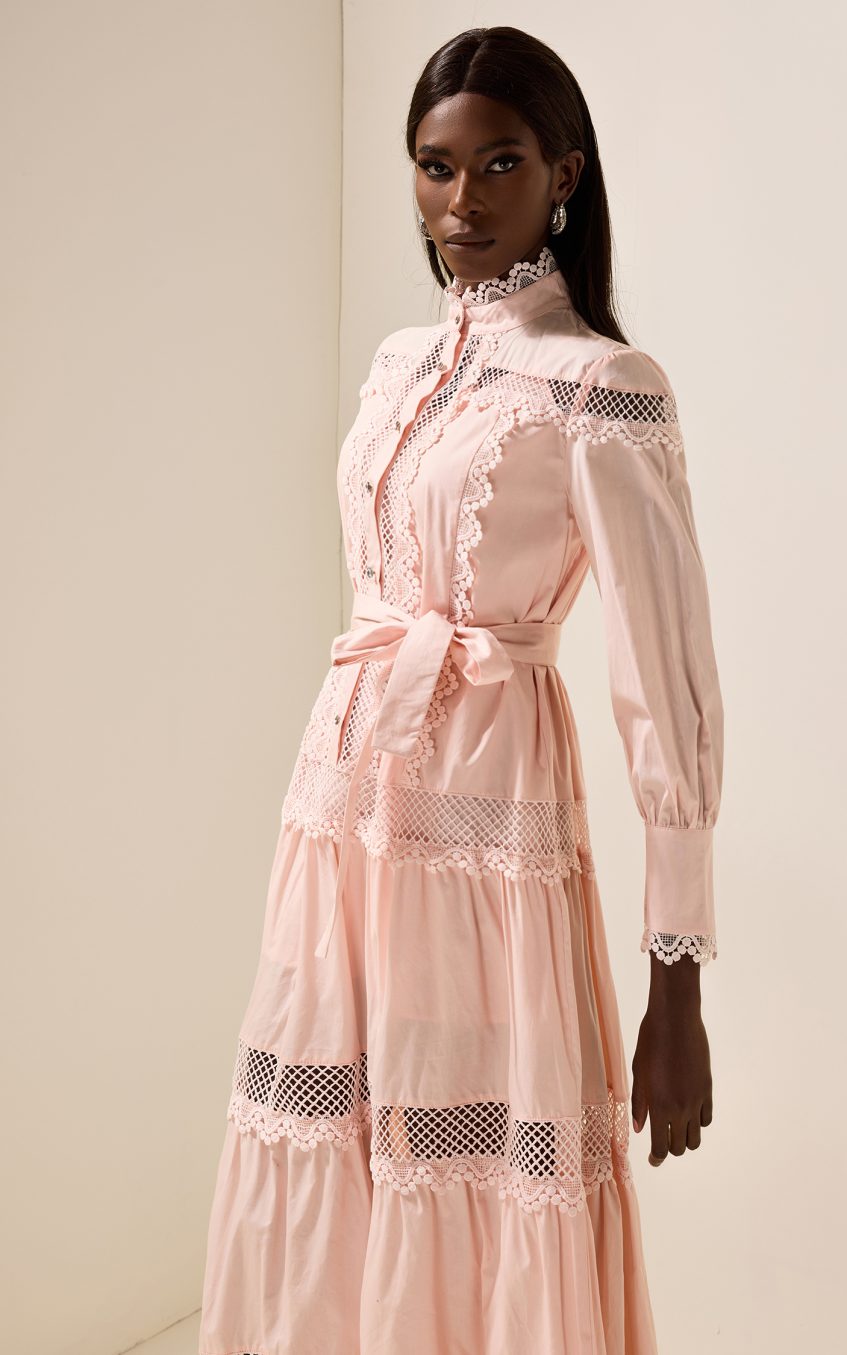 Solid Lace Bottom Midi Dress With Belt