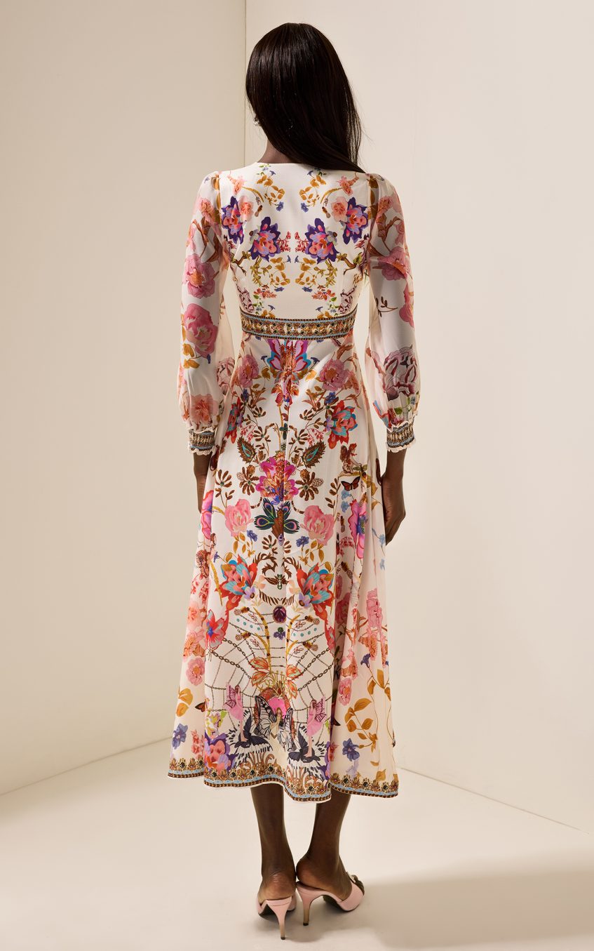 Floral Lantern Sleeve V-Neck Midi Dress