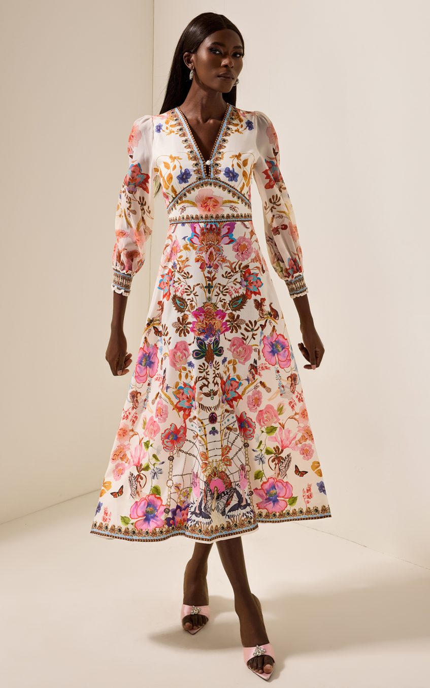 Floral Lantern Sleeve V-Neck Midi Dress