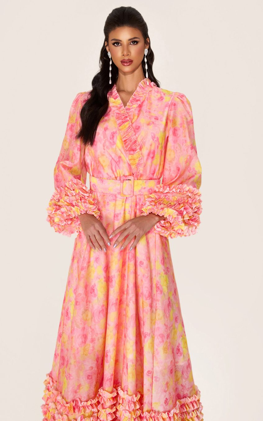 Floral Long Sleeve V-Neck Midi Dress With Belt